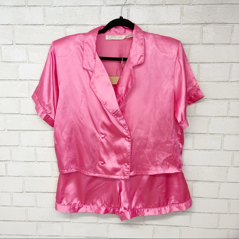 Vtg Tower Club Pink Satin Pajama Set Size L (B22)